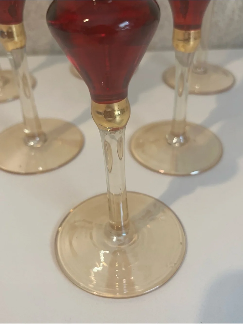 Vintage Pier 1 Imports Amber Luster Red Jewel Champaign Flute 11.5” Set of 6